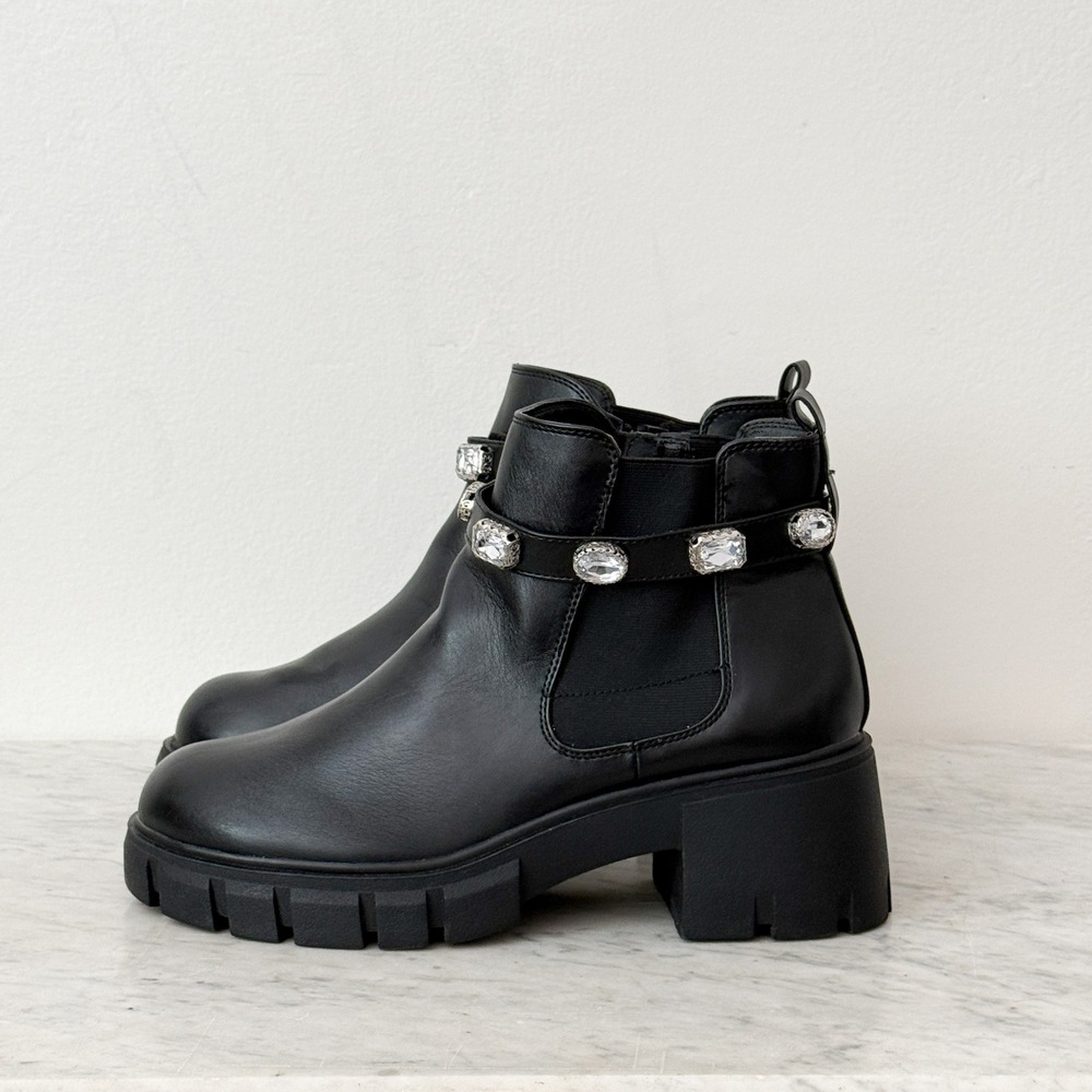 Torrid Lug Sole Ankle Boots Rhinestone Strap 11WW Black Chunky Block Heel